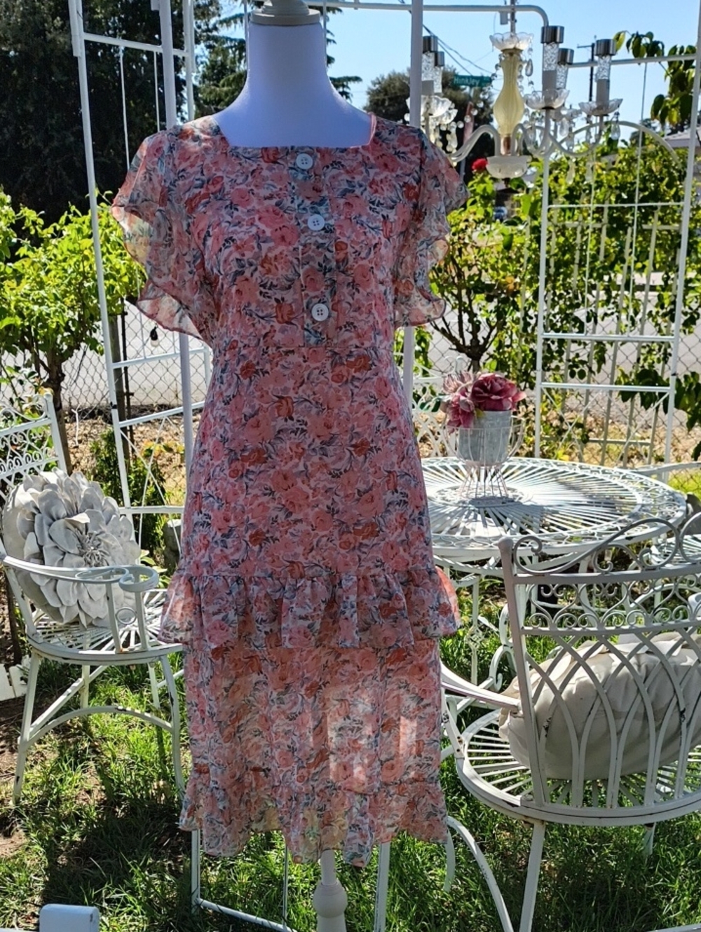 Floral Ruffle Midi Dress in Coral Pink